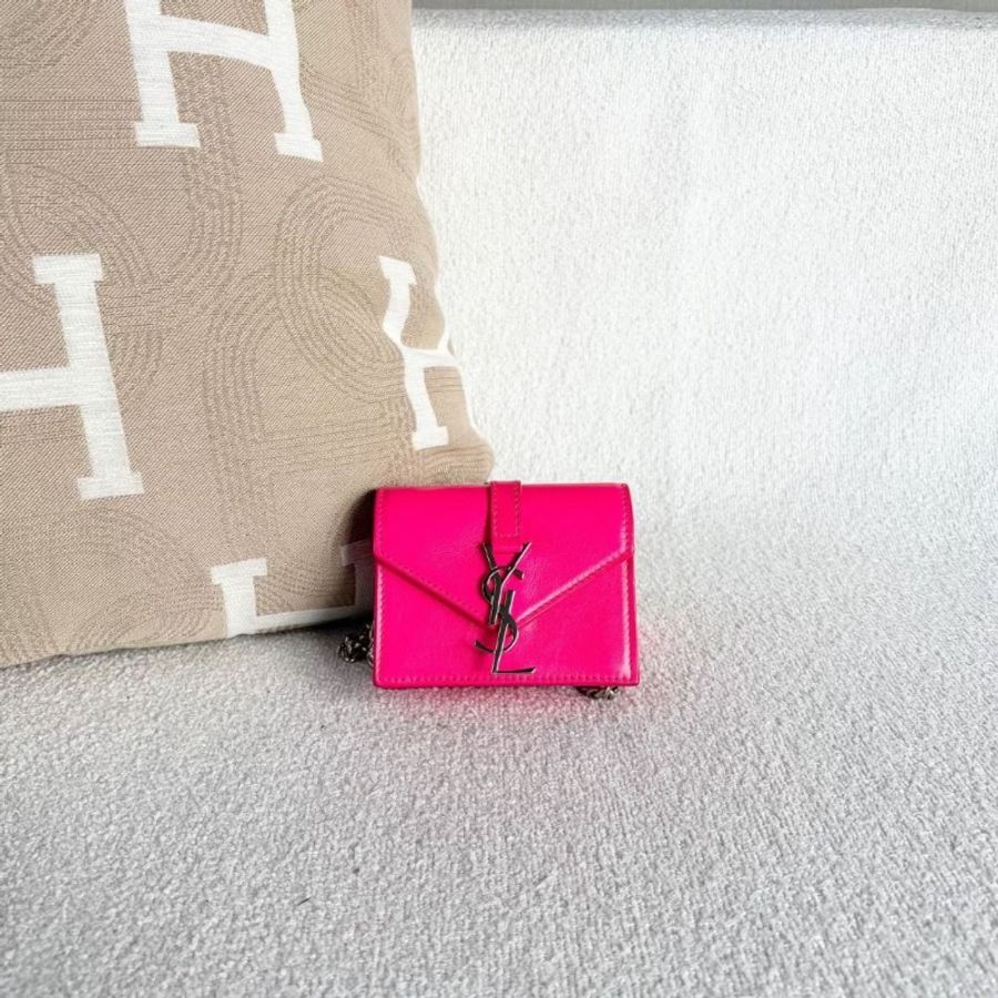 YSL mini信封包 芭比粉 銀扣 牛皮 10*8.5*3 9新 配件塵袋-3
