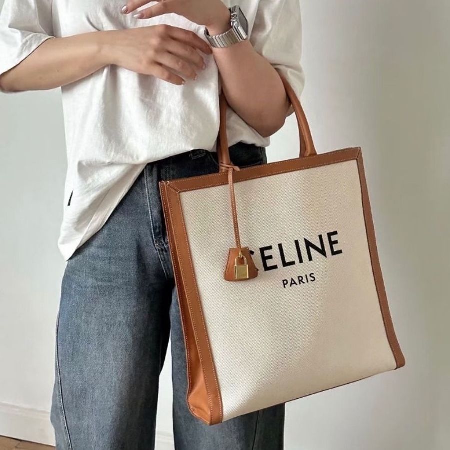 Celine 竪版Cabas帆布托特包 棕拼白 金扣 36.5*38*10 9新 配件鑰匙*2 鎖-0