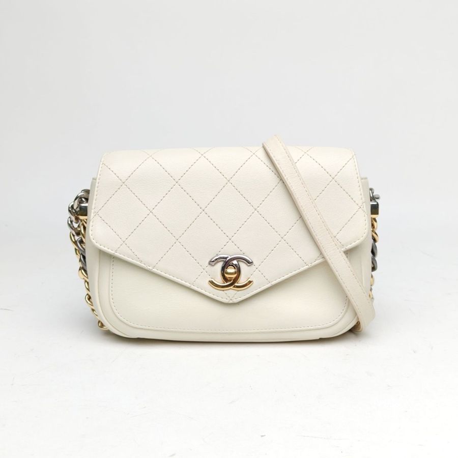 CHANEL 19S拼色鏈條鴛鴦扣信封郵差包白色牛皮27開金銀扣-0