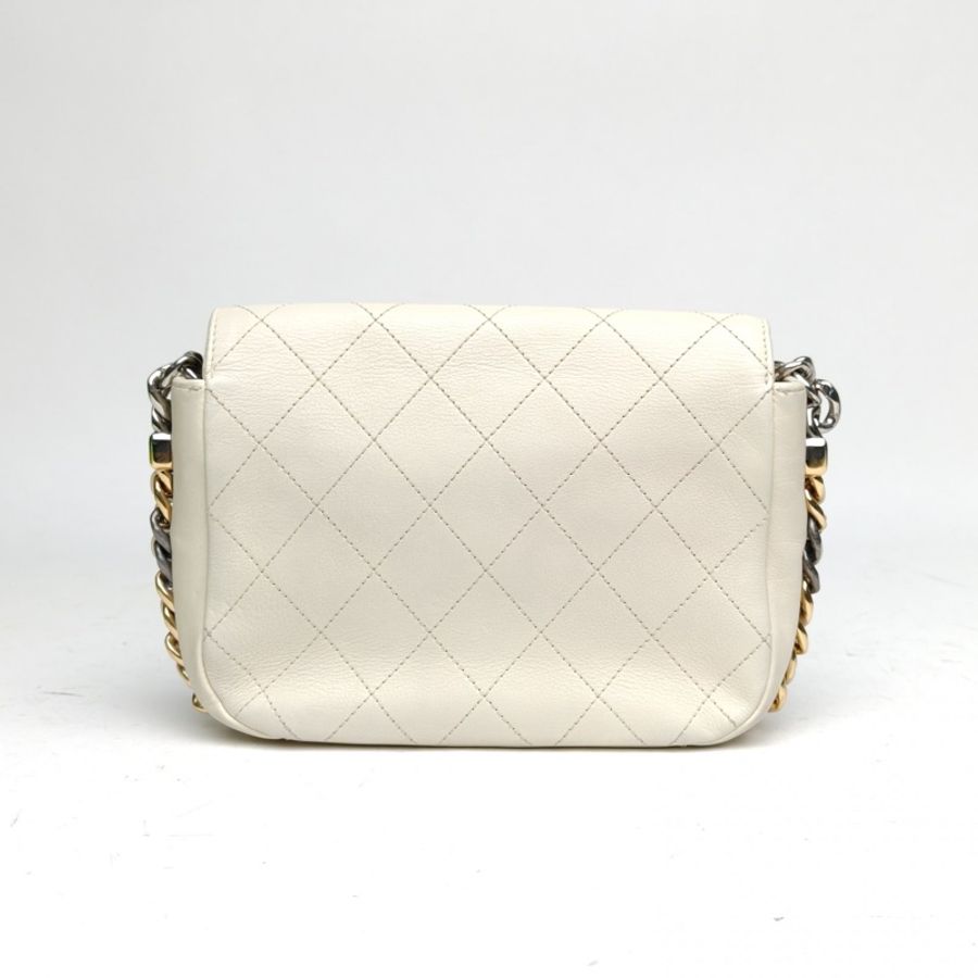 CHANEL 19S拼色鏈條鴛鴦扣信封郵差包白色牛皮27開金銀扣-2