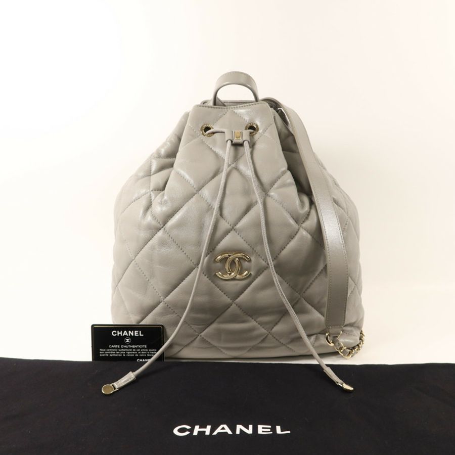 CHANEL 羊皮皮革Backpack金扣背包-9