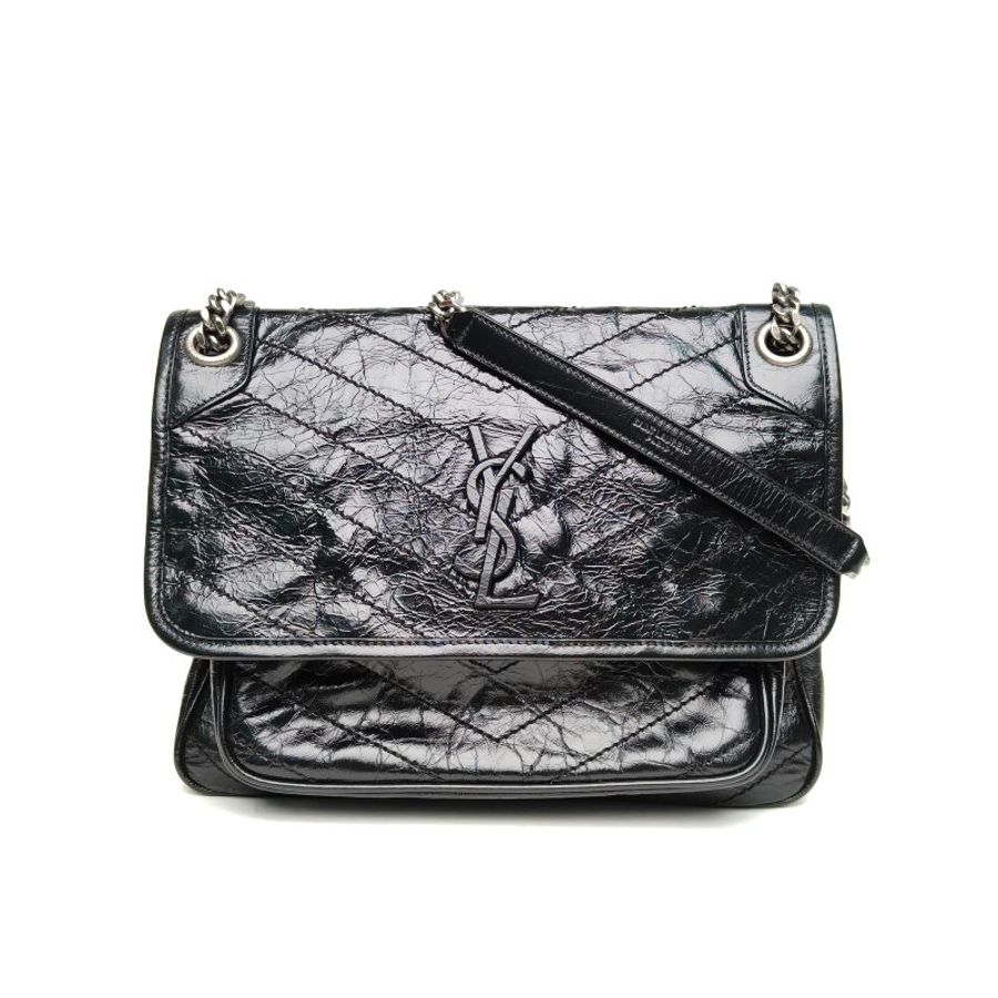 SAINT LAURENT Niki中號28D扣黑色牛皮銀扣肩背包-0
