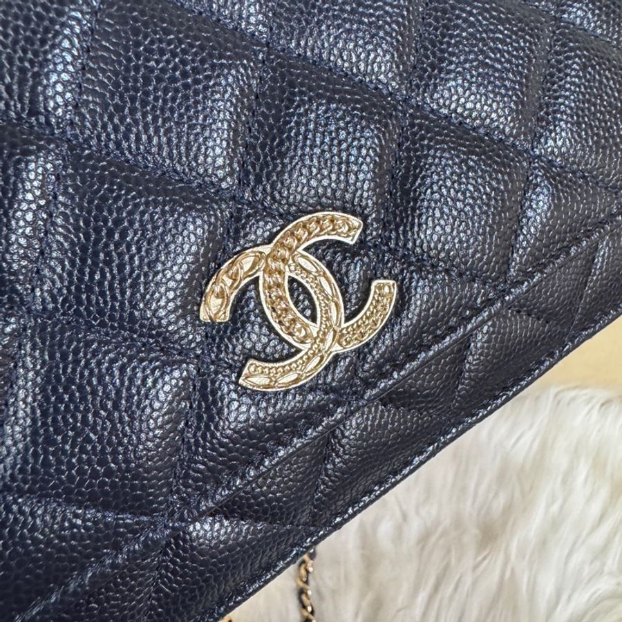 Chanel 深藍荔枝皮淡金釦WOC 離櫃閒置 晶片款-7