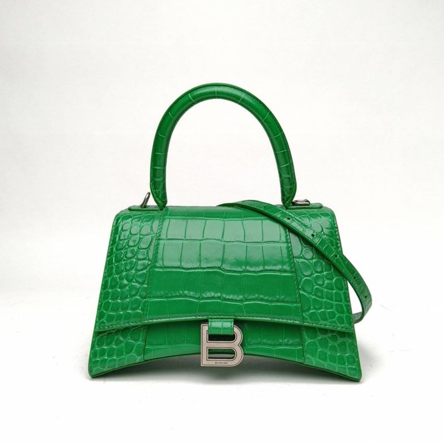 BALENCIAGA 綠色牛皮銀扣鱷魚壓紋Hourglass沙漏手袋S碼肩背包-0