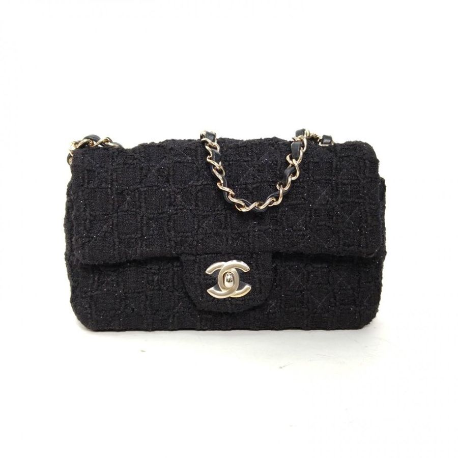 CHANEL CF口蓋包大Mini20黑色毛呢31開金扣肩背包-0