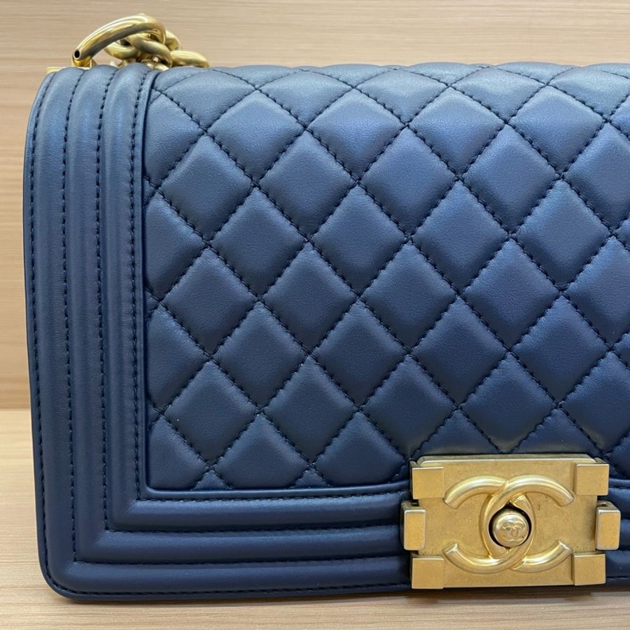 Chanel 藍金 LEBOY 羊皮 中號 菱格金扣鏈條包 有卡 有塵袋 無盒子 尺寸底長25*高15寬8*-5
