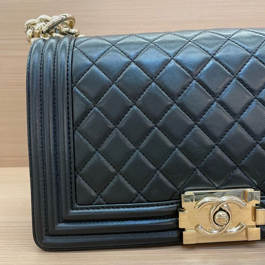 Chanel 黑金 LEBOY 羊皮 2018年 24開 中號 菱格金扣鏈條包 有卡 有塵袋 無盒子 尺寸底長25*高15*寬8*-5