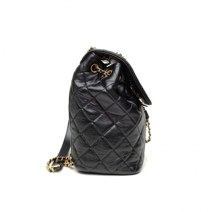 CHANEL 19BAG雙肩包黑色羊皮晶片開金扣雙皮穿鏈肩帶肩背包-3