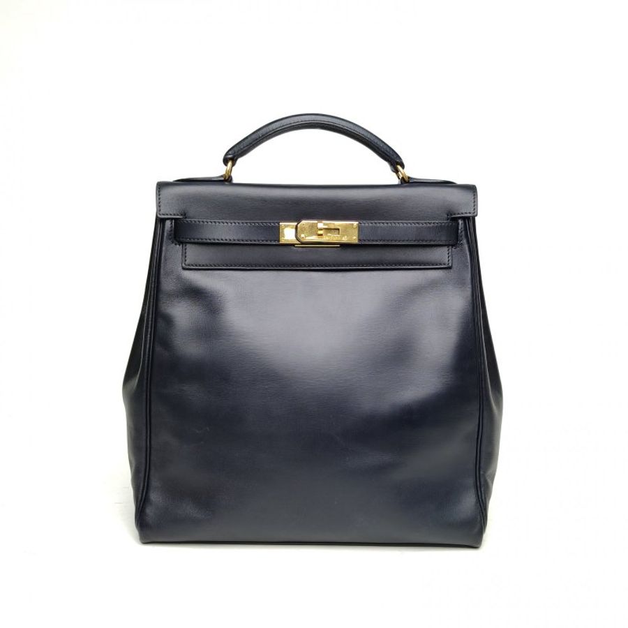 HERMES KellyAdoGm雙肩包78深海藍Box皮框D金扣肩背包-0