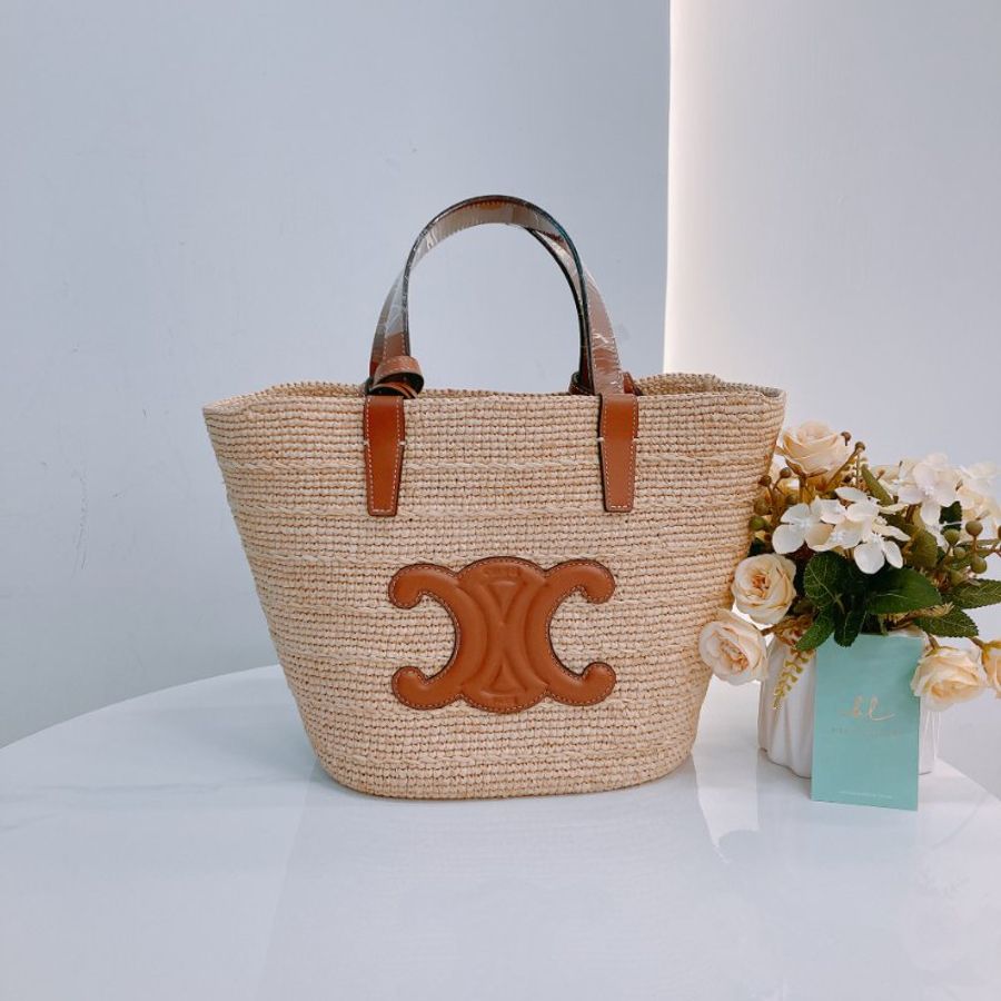 MS0618 Celine 思琳 草編 草織 經典手提包 單肩包 棕色牛皮 金扣 Supple Panier Teen Raffia Beige Brown x GHW-0