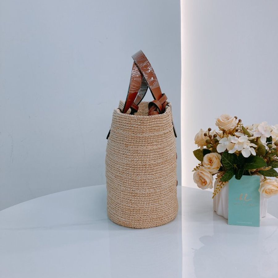 MS0618 Celine 思琳 草編 草織 經典手提包 單肩包 棕色牛皮 金扣 Supple Panier Teen Raffia Beige Brown x GHW-2