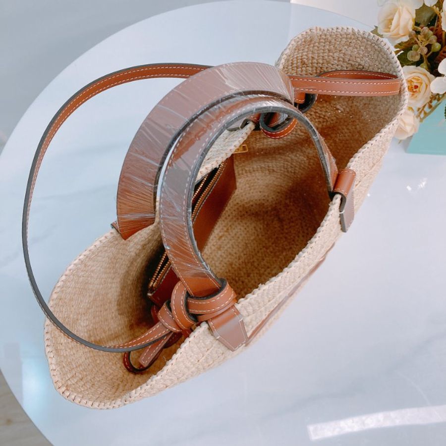MS0618 Celine 思琳 草編 草織 經典手提包 單肩包 棕色牛皮 金扣 Supple Panier Teen Raffia Beige Brown x GHW-9