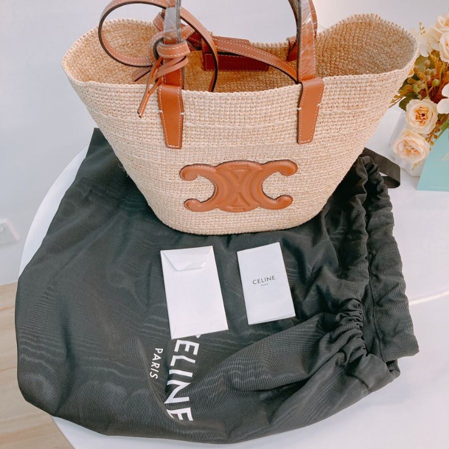 MS0618 Celine 思琳 草編 草織 經典手提包 單肩包 棕色牛皮 金扣 Supple Panier Teen Raffia Beige Brown x GHW-14