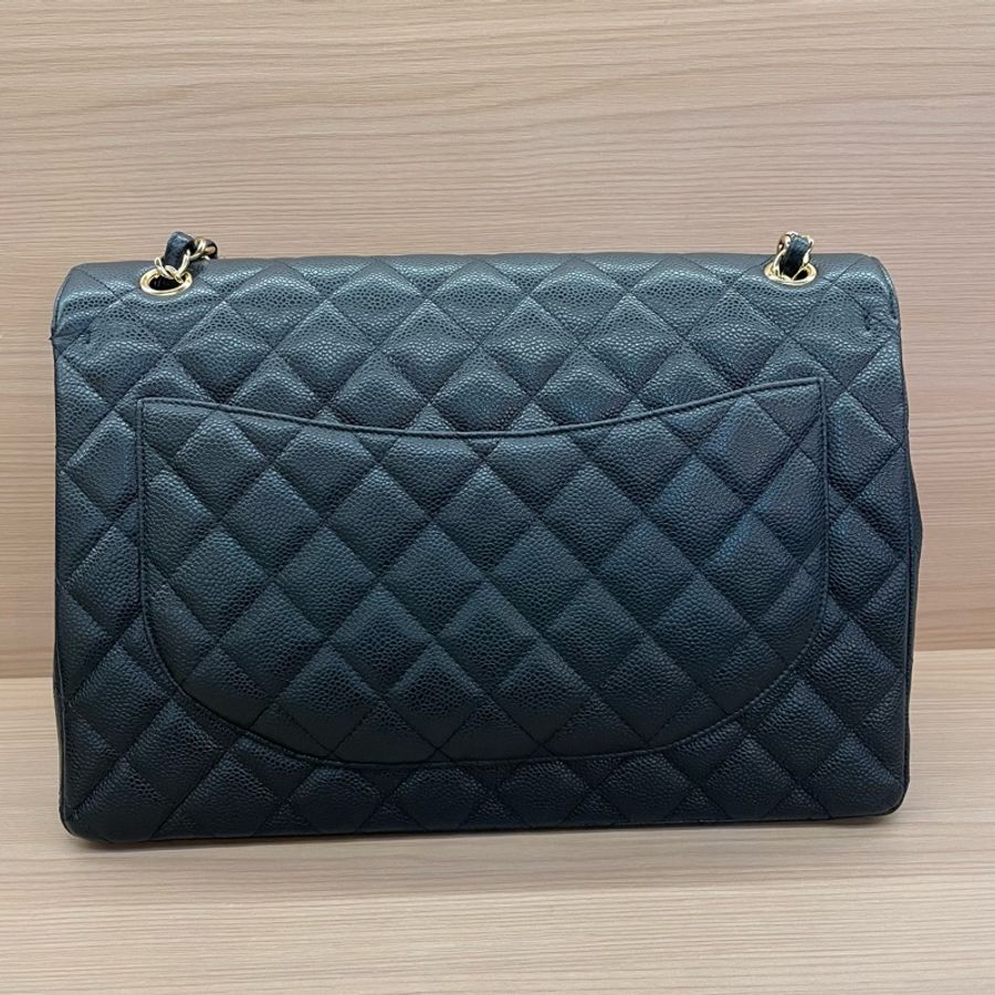 Chanel 黑金荔枝皮 超大號 cf 2011年 14開 鏈條單肩斜挎包 有塵袋 無卡無盒子 尺寸底長34*高21*寬10*-1