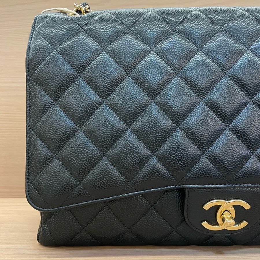 Chanel 黑金荔枝皮 超大號 cf 2011年 14開 鏈條單肩斜挎包 有塵袋 無卡無盒子 尺寸底長34*高21*寬10*-4
