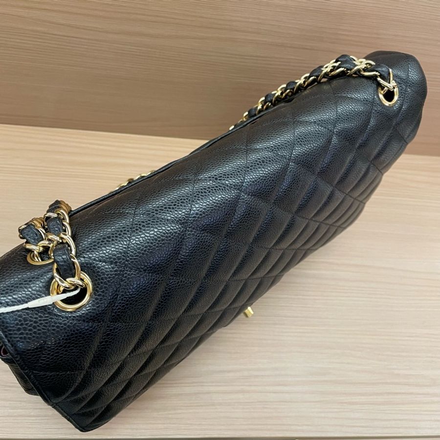 Chanel 黑金荔枝皮 超大號 cf 2011年 14開 鏈條單肩斜挎包 有塵袋 無卡無盒子 尺寸底長34*高21*寬10*-6