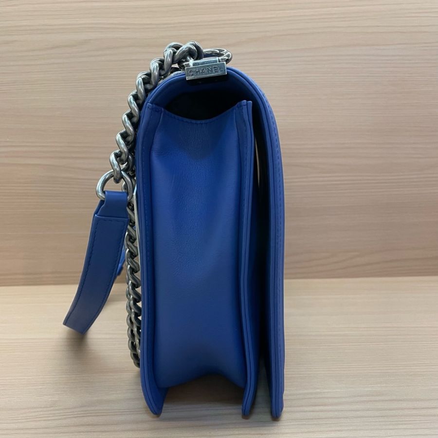 Chanel LEBOY 藍銀 羊皮大號2013年 17開 單肩斜挎鏈條包 有卡有塵袋 無盒子 尺寸底長30*高22*寬8*-3