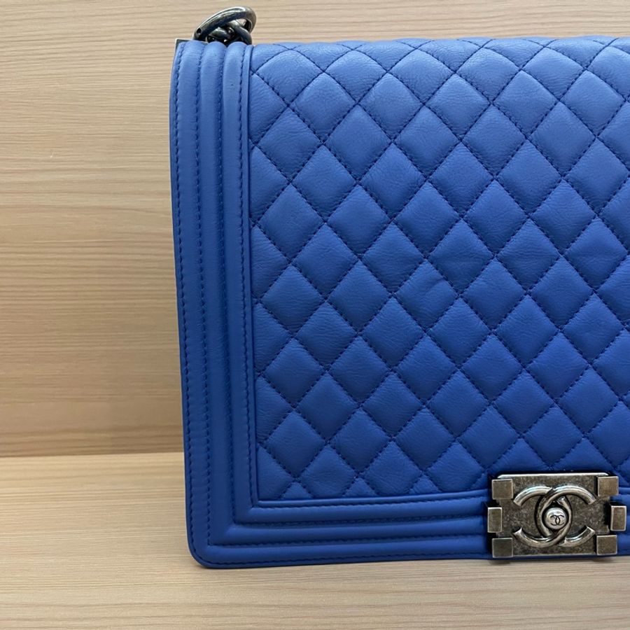 Chanel LEBOY 藍銀 羊皮大號2013年 17開 單肩斜挎鏈條包 有卡有塵袋 無盒子 尺寸底長30*高22*寬8*-5