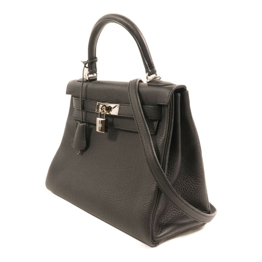HERMES Togo皮革Kelly 28銀扣手挽肩背兩用袋Noir-2