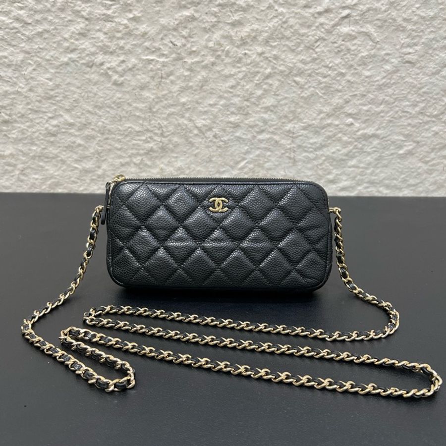 98新Chanel/香奈兒 經典晚宴包黑金荔枝皮雙層鏈條包-0