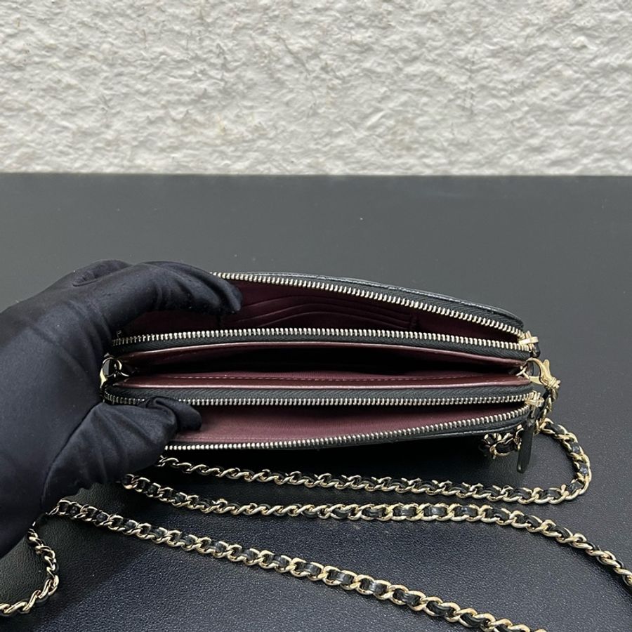 98新Chanel/香奈兒 經典晚宴包黑金荔枝皮雙層鏈條包-7
