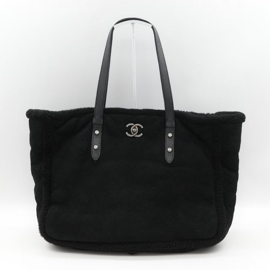 Chanel 香奈兒 銀扣 CC 菱格紋 羊羔毛 拼接 麂皮 托特包-1