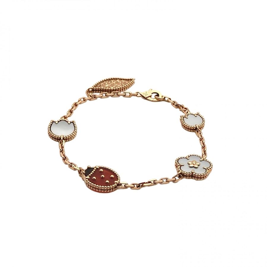 VAN CLEEF&ARPELS 18K玫瑰金白貝母紅玉髓縞瑪瑙LuckySpring手鏈5圖案-0