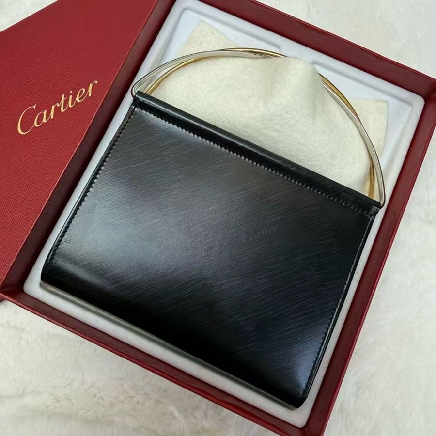 Cartier卡地亞 雙環手提包 黑色 金銀雙環 晚宴包 經典優雅時尚-0