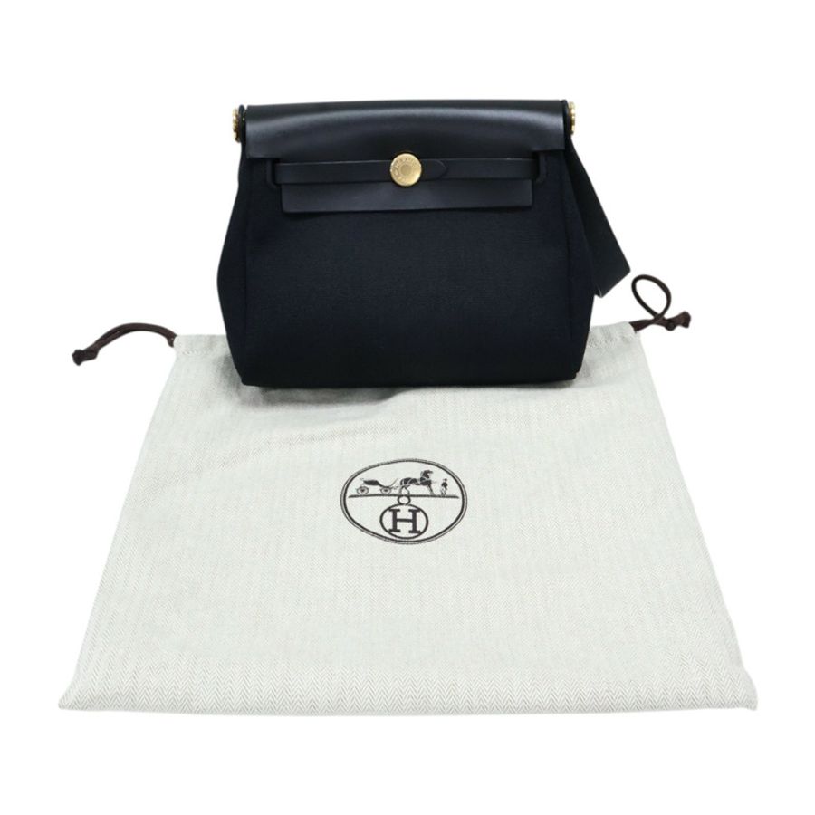 黑色 牛皮/帆布 Herbag Zip 20 Mini 肩背包 W刻 金釦【HERMES 愛馬仕】-9