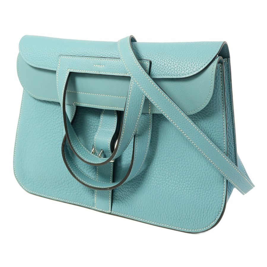 HERMES Clemence皮革Halzan 31銀扣手挽肩背兩用袋Bleu Saint-1