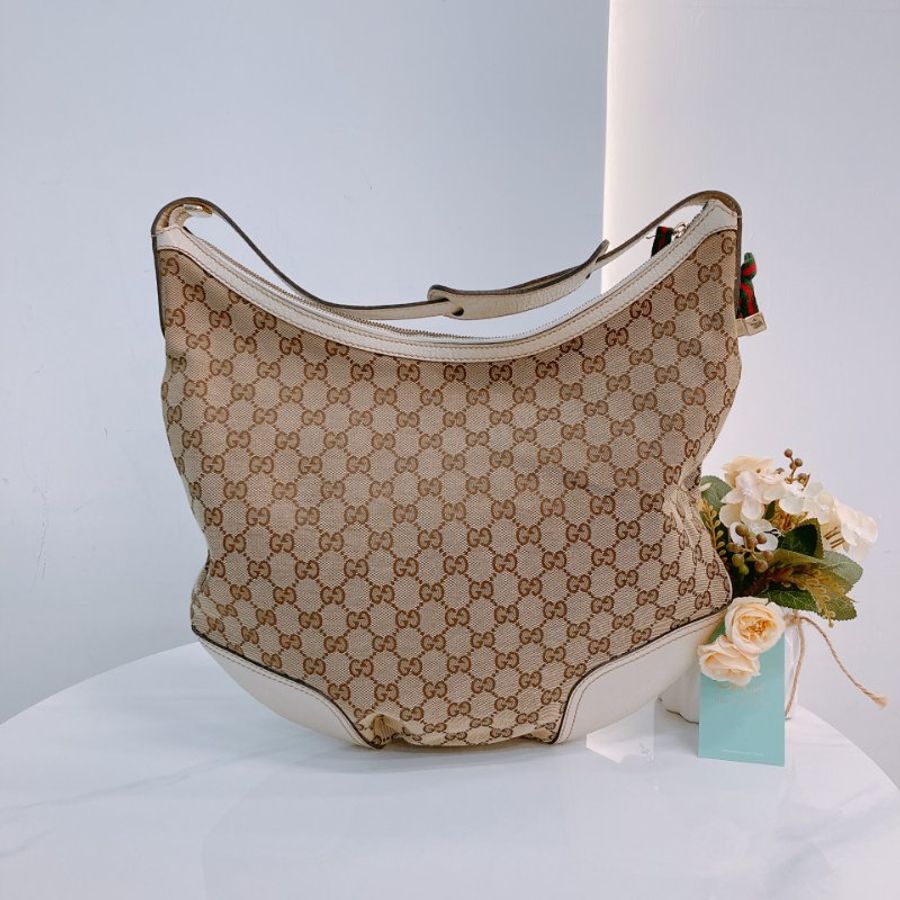 MS0643 Gucci 古馳 經典老花紋 腋下包 帆布 牛皮 象牙色 金扣 GG Supreme Princy Hobo Large Canvas Ivory x GHW-1