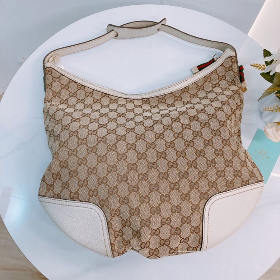 MS0643 Gucci 古馳 經典老花紋 腋下包 帆布 牛皮 象牙色 金扣 GG Supreme Princy Hobo Large Canvas Ivory x GHW-9