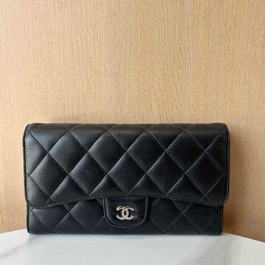 Chanel香奈兒黑銀三折長款錢包 18開-0