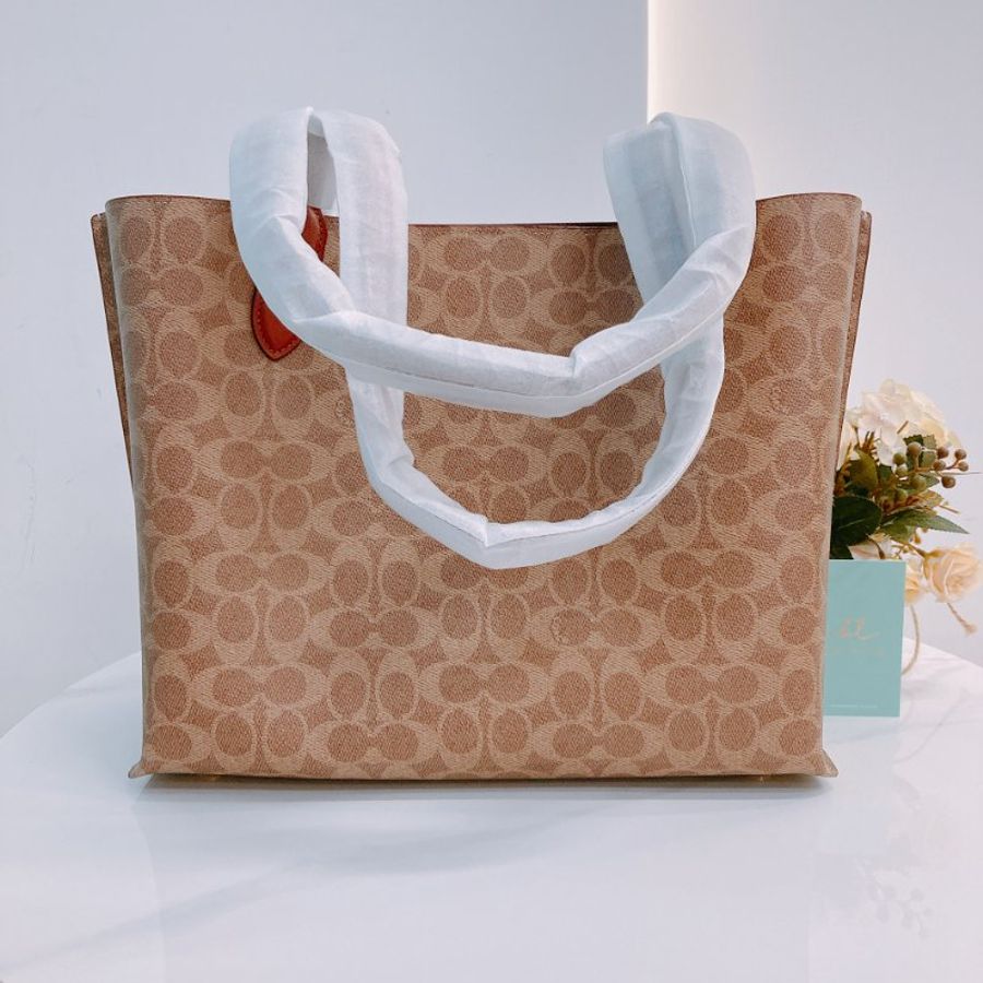 MS0656 Coach 蔻馳經典花紋單肩包包 Willow Signature Tote Canvas Tan-1