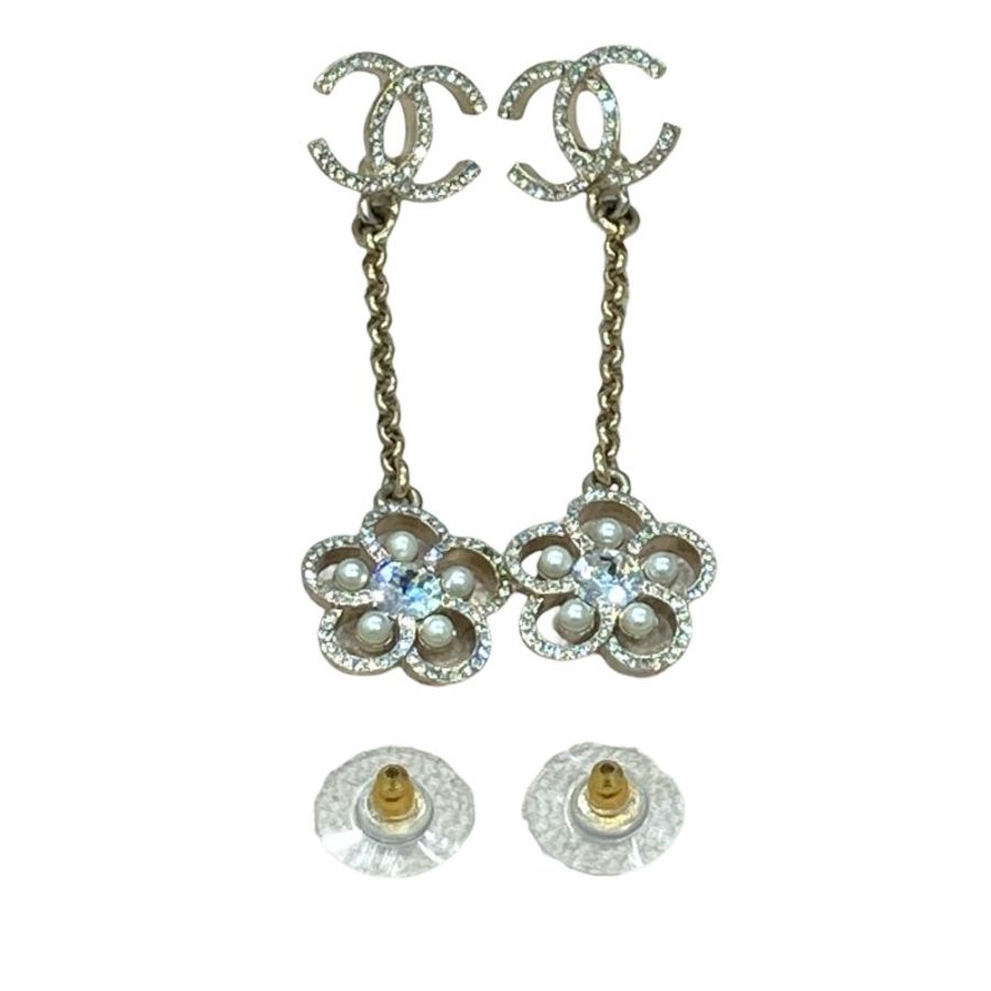 CHANEL 香奈兒 ARRIVAL CRYSTAL PEARL CC EARRINGS 山茶花流蘇水鑽珍珠耳針 合金-10