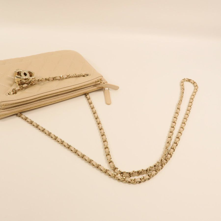CHANEL 羊皮皮革Drawstring Double Zip Crossbody Bag金扣鏈帶肩背袋-7