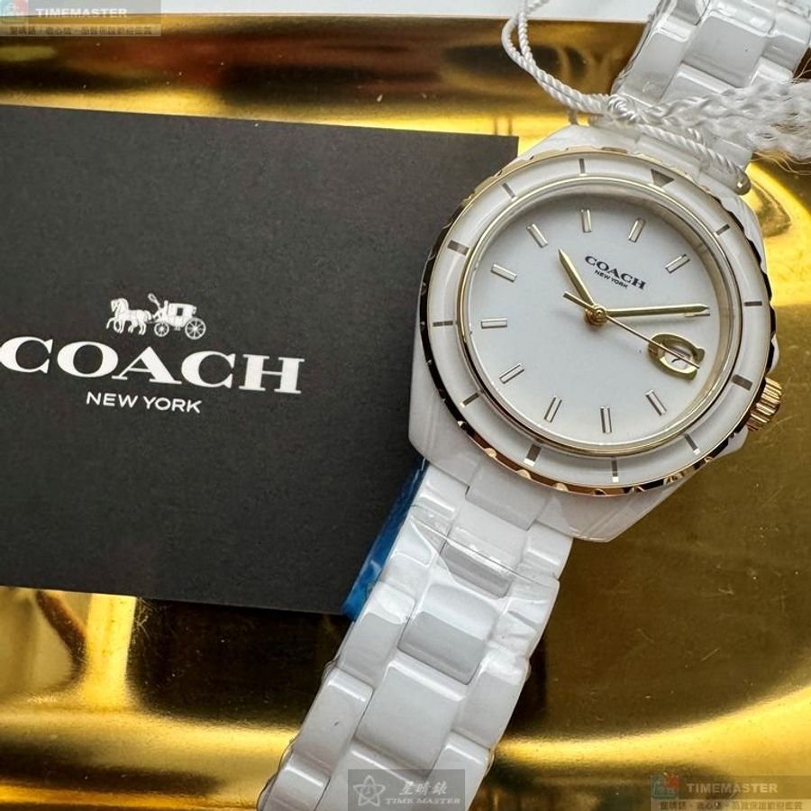 COACH手錶,編號CH00270,34mm白圓形陶瓷錶殼,白色簡約, 中三針顯示, 同J12設計錶面,白陶瓷錶帶款-0