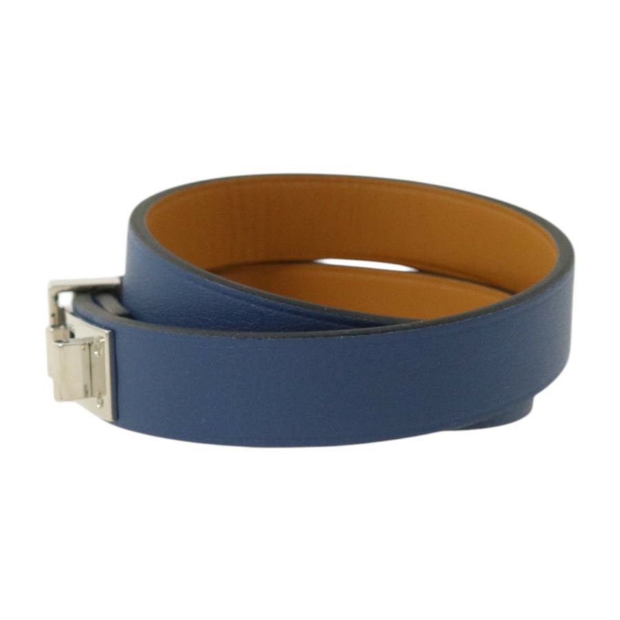 HERMES Swift皮革Mini Dog Double Tour Bracelet銀扣手鏈Bleu Brighton-1