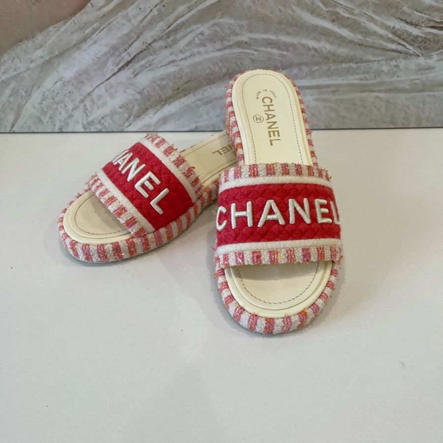 香奈兒/Chanel 紅白刺繡字母logo 女士拖鞋-0