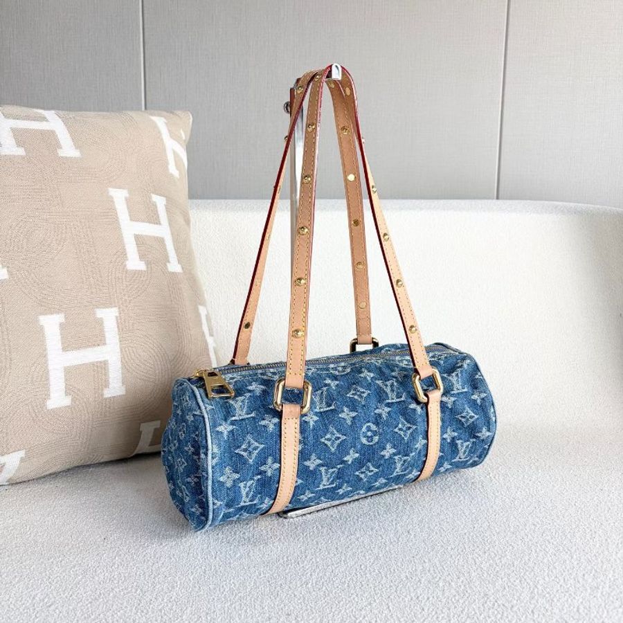 LV Papillon牛仔丹寧子母 芯片款 牛仔拼金扣28*12 99新配件子包塵袋-5