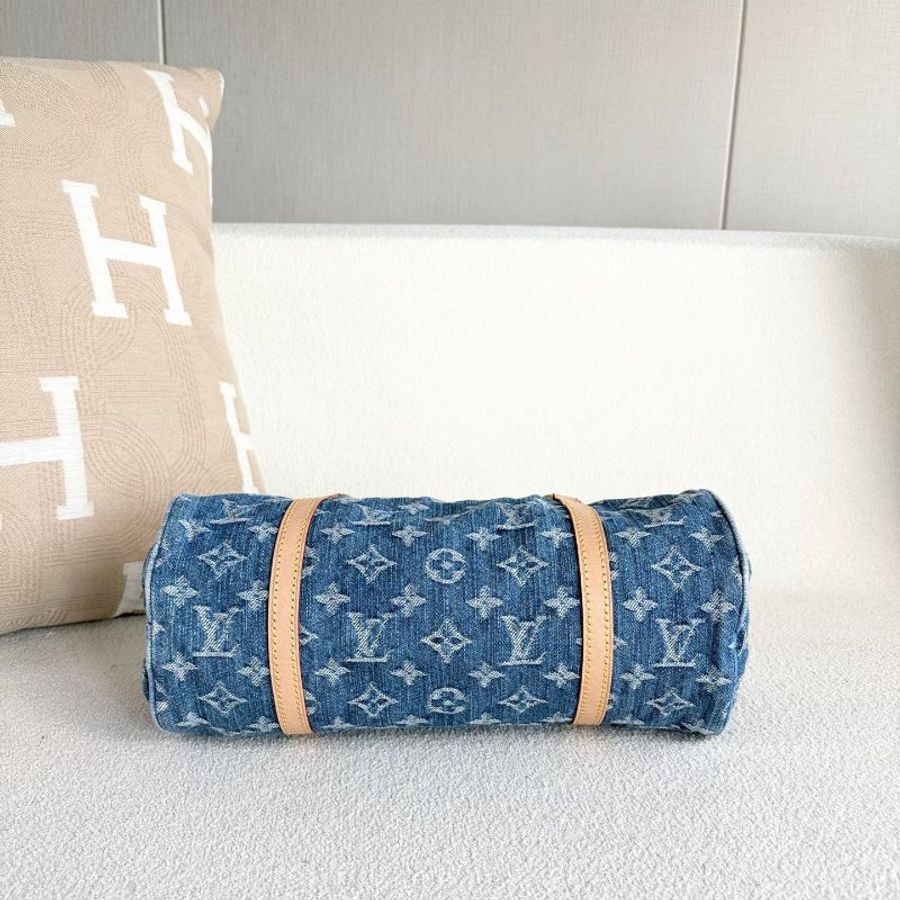 LV Papillon牛仔丹寧子母 芯片款 牛仔拼金扣28*12 99新配件子包塵袋-7