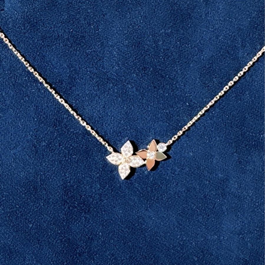 LV路易威登 Star Blossom系列 18K金滿鑽雙花四葉草花卉項鍊-2