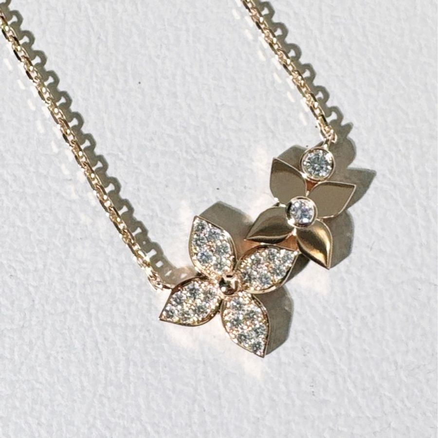 LV路易威登 Star Blossom系列 18K金滿鑽雙花四葉草花卉項鍊-5