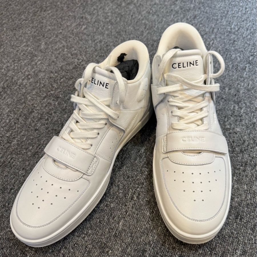 賽琳/Celine 全新CT-02 牛皮革 透氣耐磨防滑 中幫運動板鞋 螢光白 44碼-0