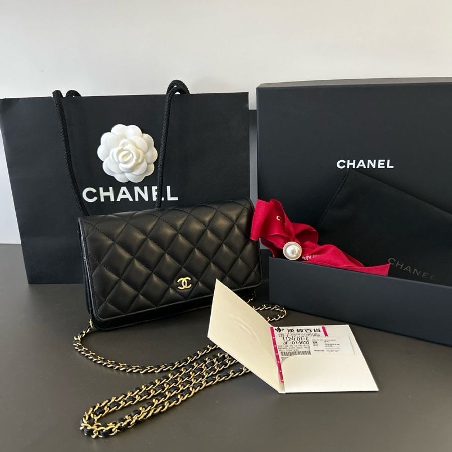 CHANEL WOC 香奈兒 經典鏈子皮夾 黑金羊-0