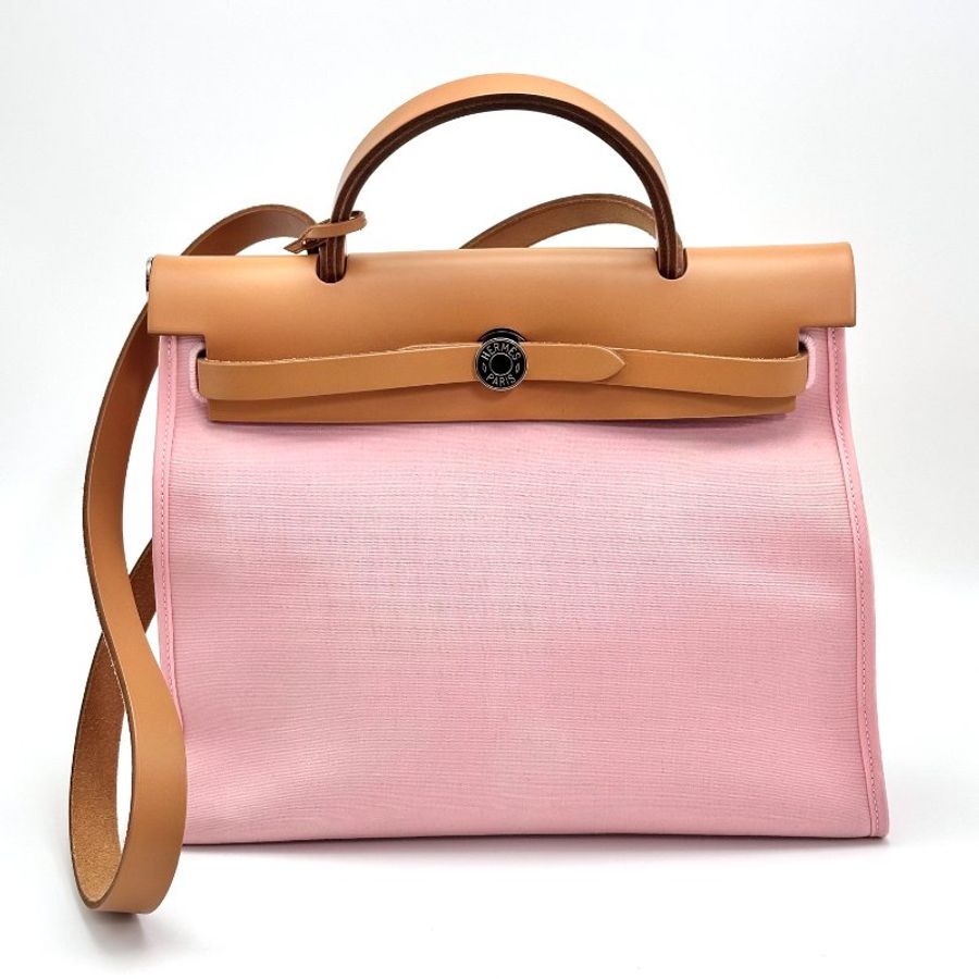 HERMES 帆布拼皮銀扣herbag31 子母手提斜背包31*25*11 98新配件塵袋 鎖鑰匙-2