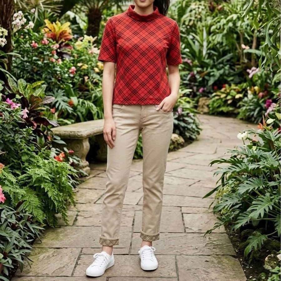 BURBERRY 倫敦 翻領紅格紋彈性上衣-1