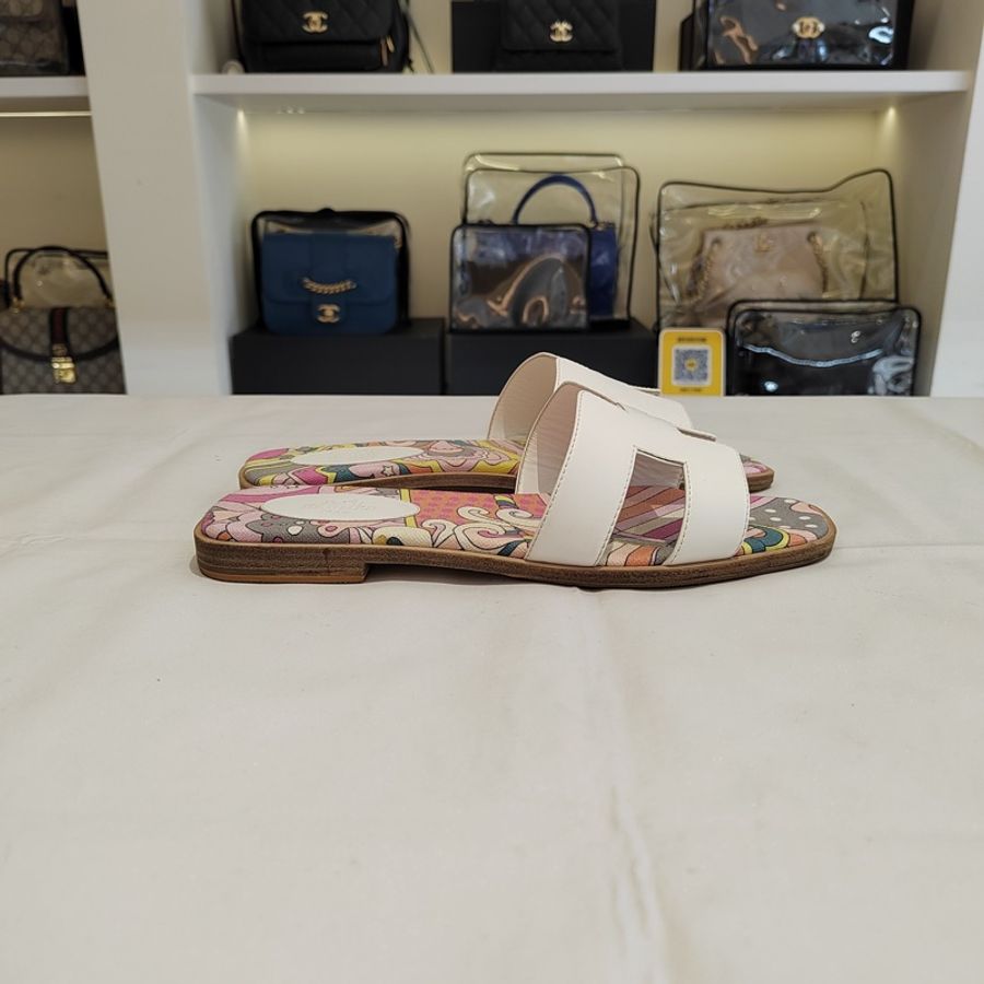 Hermes愛馬仕Oran涼鞋經典H拖 拼色平底涼拖鞋白色印花 （已貼底-2