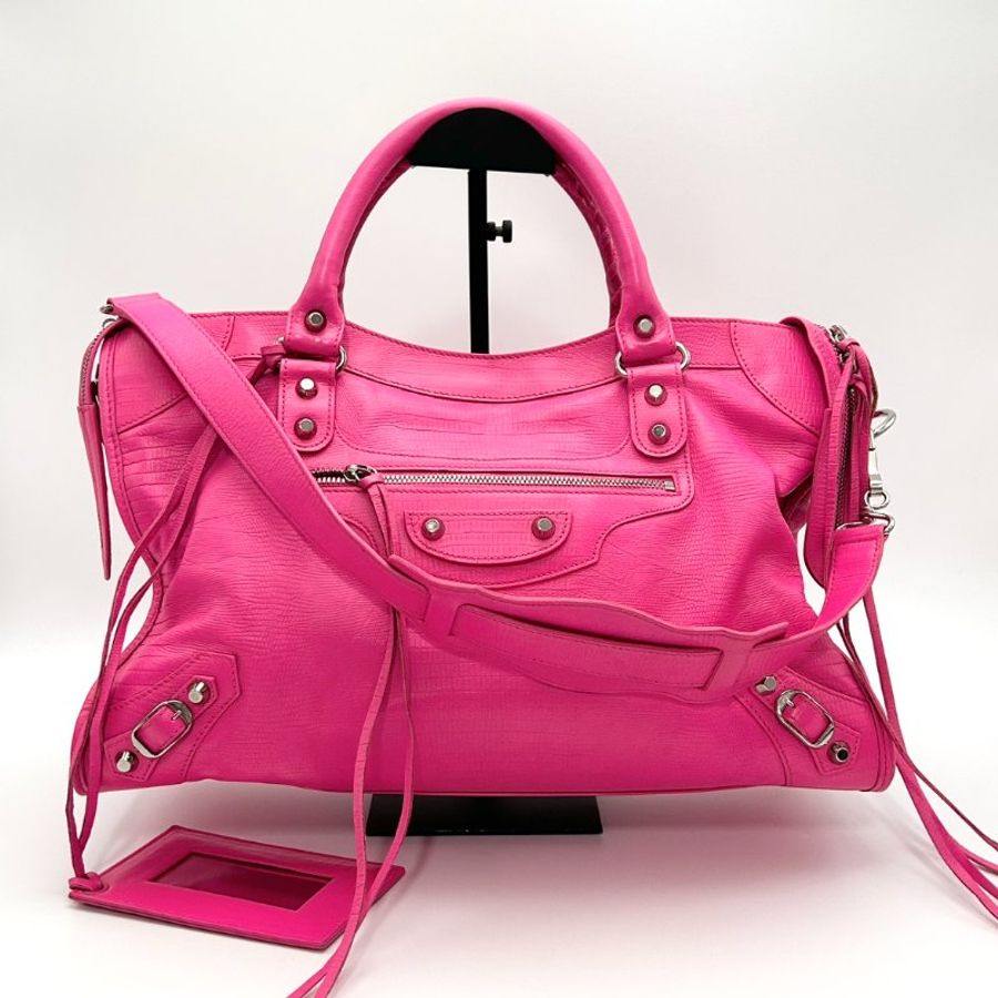 BALENCIAGA 粉銀大號 手提肩背機車包 38*25*14 98新配件鏡子-1