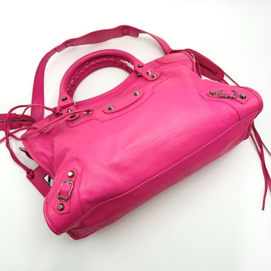 BALENCIAGA 粉銀大號 手提肩背機車包 38*25*14 98新配件鏡子-2